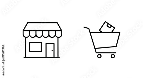 Simple black line icons depicting a store and a shopping cart