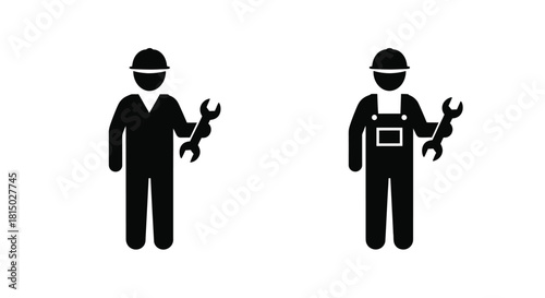 Two construction workers holding wrenches as simple black silhouette icons