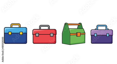 Four colorful lunch boxes arranged in a row depicting school supplies