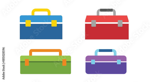 Colorful toolboxes arranged in a grid displaying various shades and designs