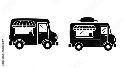 Two black and white illustrations of food trucks side and front views