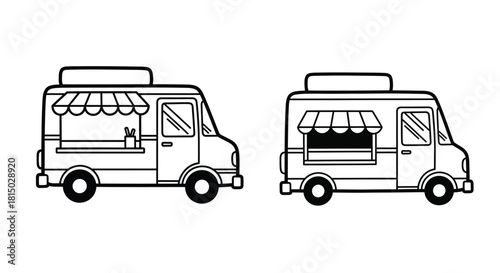 Black and white line art illustration of two food trucks side by side
