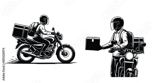 Two motorcycle delivery riders exchanging packages in a black and white sketch