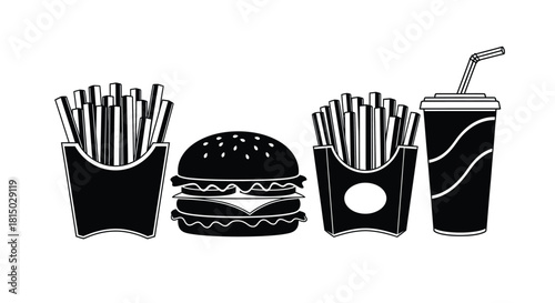 Black and white illustration featuring a burger fries and a soda drink