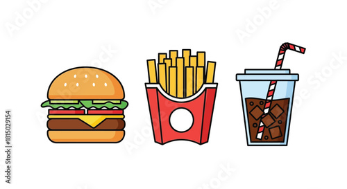 A colorful illustration depicting a burger french fries and a cola drink
