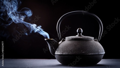 A Black Tea Pot With Smoke Coming Out Of It