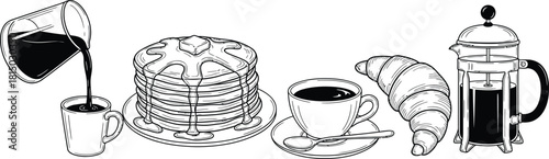 Breakfast still life pancakes coffee and croissants