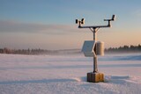 Weather station stands in a snowy landscape during sunrise with frost on equipment