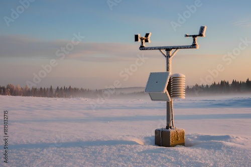 Weather station stands in a snowy landscape during sunrise with frost on equipment