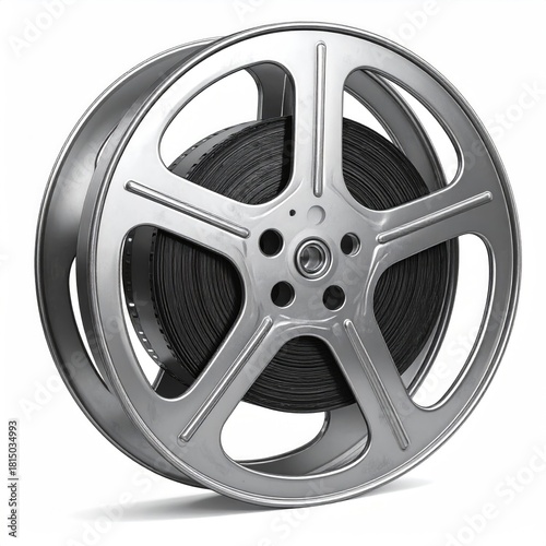 Film reel with film, silver, angled close-up