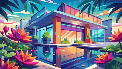Very beautiful high-resolution photo of an office exterior featuring reflective water elements and vibrant flowers, creating a welcoming, modern, and aesthetically pleasing workspace environment.