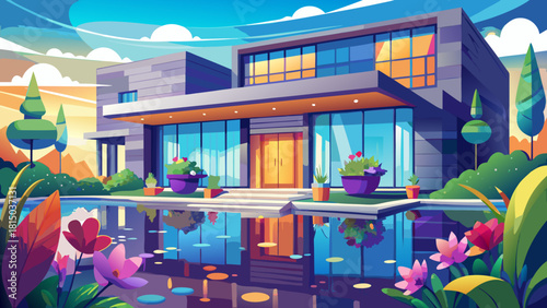 Very beautiful high-resolution photo of an office exterior featuring reflective water elements and vibrant flowers, creating a welcoming, modern, and aesthetically pleasing workspace environment.