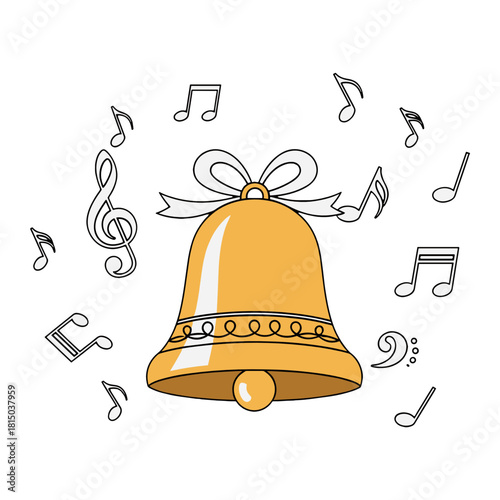 Golden Christmas bell with ribbon bow and music notes for holiday carol invitation design