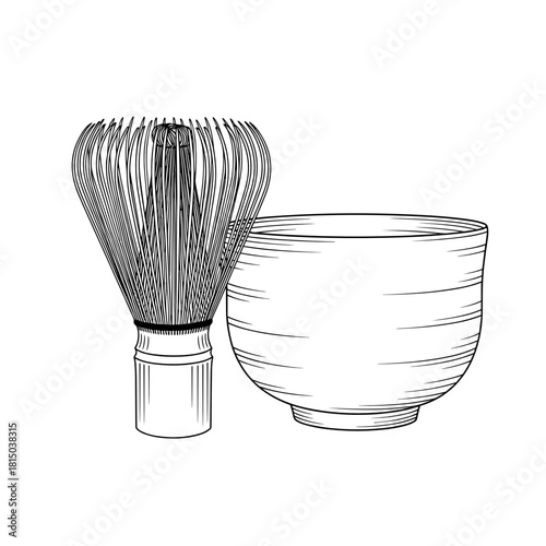 Japanese matcha whisk and tea bowl sketch for traditional ceremony and menu design