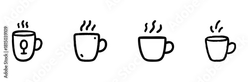 Steaming Coffee Mugs Line Icon Set In Doodle Style. Hot Beverage, Relaxation, And Coffee Break Outline Sketch Collection. Cozy And Inviting. Hand Drawn Isolated Vector Illustration