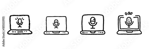 Laptops With Microphones Line Icon Set In Doodle Style. Podcasting, Audio Recording, And Online Communication Tools Outline Sketch Collection. Hand Drawn Isolated Vector Illustration