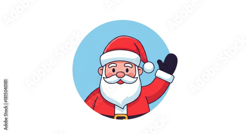 Cute flat-style vector of a Christmas Santa waving, clean lines, vibrant colors.