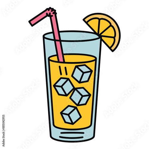 A refreshing glass of orange juice with ice cubes and a straw, garnished with an orange slice, isolated on