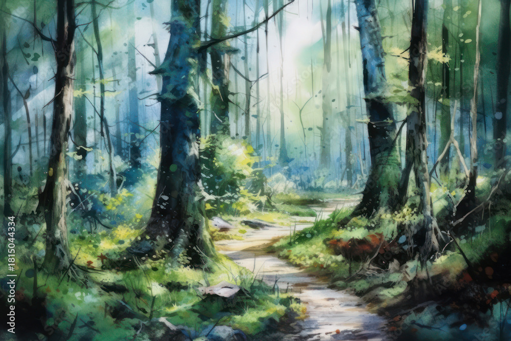 Fototapeta premium A watercolor illustration of a quiet forest path leading through dense trees and soft morning light. 