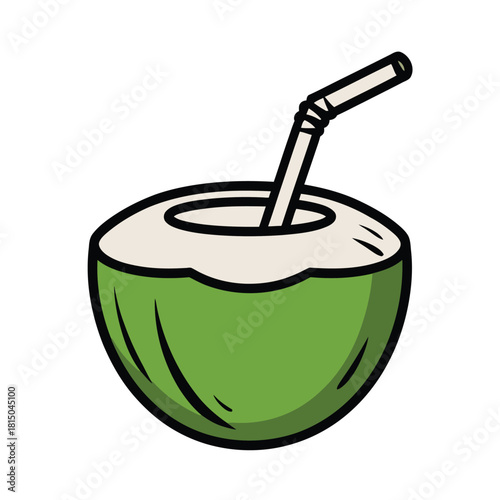 Illustration of a green coconut with a straw, isolated on the coconut is cut open, revealing the white flesh inside, and a straw is inserted