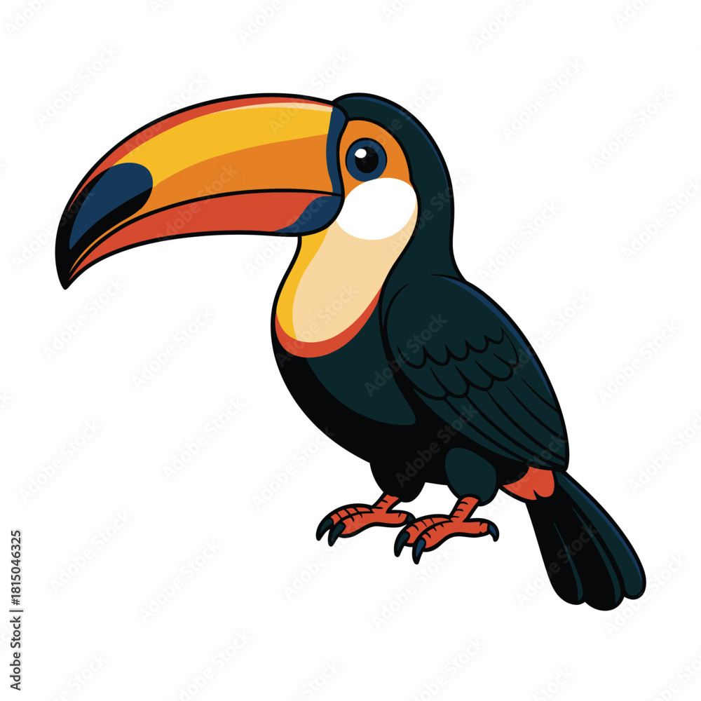 Naklejka premium A vibrant toucan with a large, colorful beak, perched gracefully isolated on its a tropical bird with striking plumage and a curious gaze