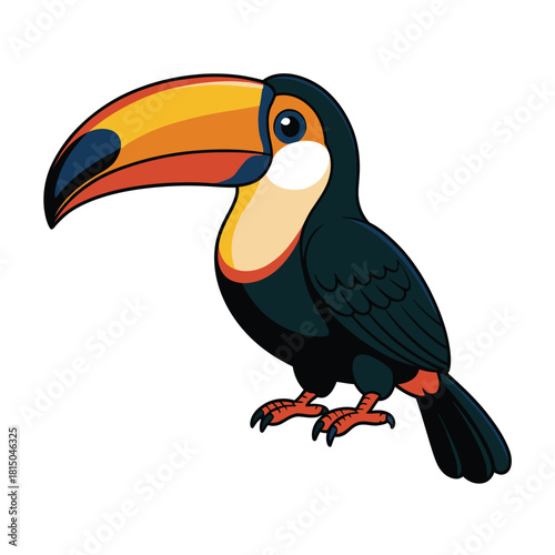 A vibrant toucan with a large, colorful beak, perched gracefully isolated on its a tropical bird with striking plumage and a curious gaze