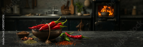 Red chili peppers in a bowl in a vintage kitchen