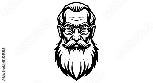 Detailed illustration of a wise old man with a long beard and glasses.