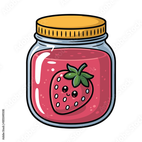 Charming illustration of a strawberry jam jar with a cute strawberry character, isolated on, ideal for food and childrens designs