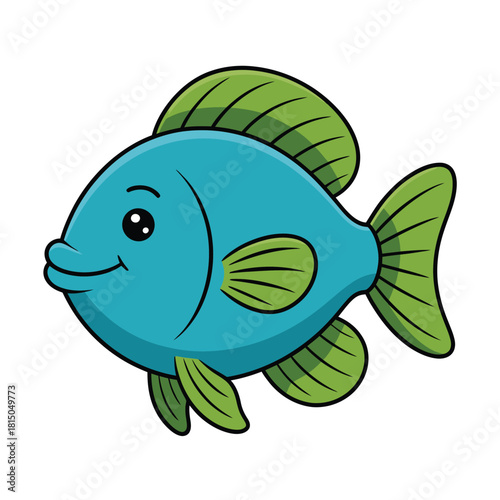A charming cartoon fish with blue scales and vibrant green fins, isolated on, swimming happily in a whimsical underwater world