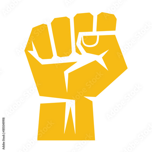 Illustration of a yellow clenched fist raised in protest, isolated on symbolizing power, resistance, solidarity, and determination in social justice movements