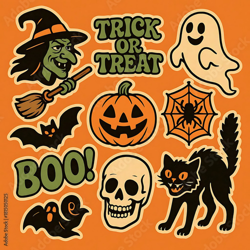 Retro Halloween stickers set. Cartoon comic groovy characters collection. Witch, ghost, pumpkin and other creepy holiday elements. Vector illustration.