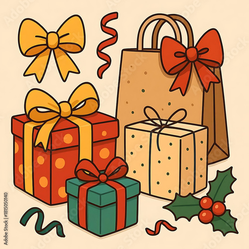 Gift boxes, wrapped presents, paper bag, festive decorations with bows, ribbons. Holiday celebration concept. Modern cartoon illustration.