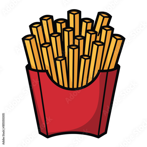 A cartoon illustration of crispy, golden french fries in a red paper container, isolated on, representing a classic fast food treat