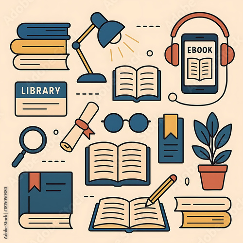 Reading, learning, studying set. Paper books, ebook, audiobook and other library items. Education concept. Vector illustration.