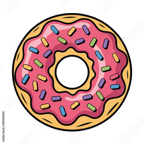 A cartoon donut with pink frosting and colorful sprinkles isolated on the donut is round and has a hole in the middle, making it look delicious