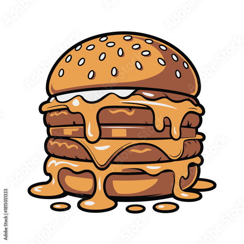 A towering burger with dripping cheese isolated on, a mouthwatering illustration for fast food lovers and burger enthusiasts