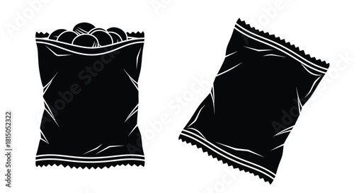 Black and white illustration of two snack bags one full and one empty
