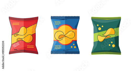 Colorful vector illustration of three different chip bags with snack designs
