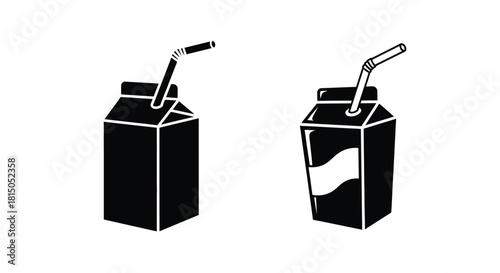 Two black and white milk carton illustrations with drinking straws included