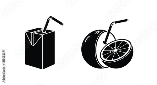 Black and white illustration of juice box and halved citrus fruit with straws