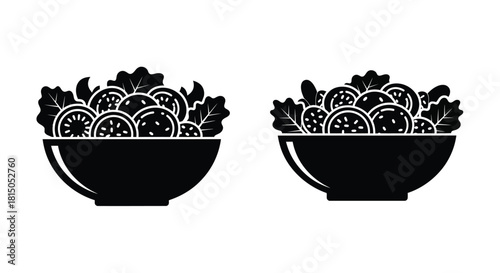 Two black and white illustrations of salad bowls filled with fresh ingredients