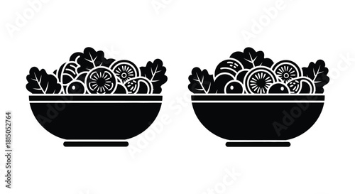 Two black and white illustrations of bowls filled with fresh salad ingredients