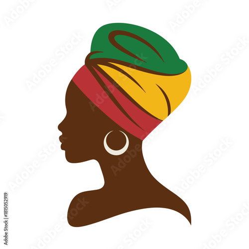Silhouette of a woman with a colorful headwrap isolated on the headwrap features green, yellow, and red stripes, adding a vibrant touch