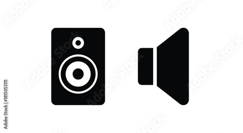 Simple black icon depicting a loudspeaker and audio speaker system