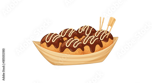 Delicious takoyaki balls with chocolate sauce and sticks a tasty street food