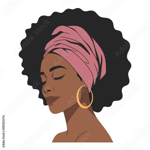 Elegant vector illustration of a black woman with afro hair, wearing a pink headscarf and gold hoop earrings, isolated on