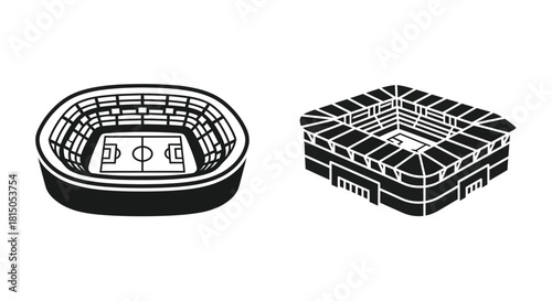 Black and white illustrations of stadium architecture isometric and top views