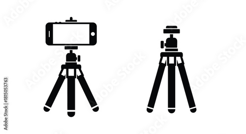 Simple black icons depicting a smartphone on a tripod and a standalone tripod