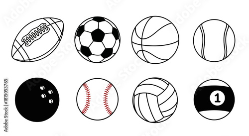 Collection of Various Sports Balls - Football, Soccer, Basketball, Tennis, Bowling, Baseball, Volleyball, and Billiard Ball.